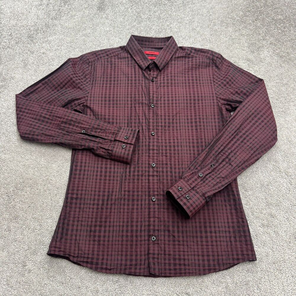 HUGO Hugo Boss Slim Fit Button Down Shirt Mens Red Gingham Check Long Sleeve